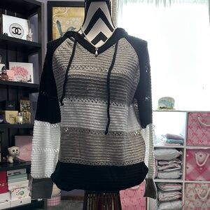 NWOT Striped Knit Hoodie in Black, Gray & White M